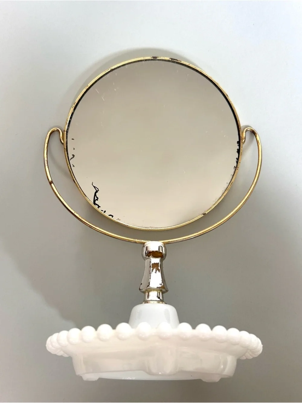 Vintage White Milk Glass Beaded Vanity Mirror with Gold Frame 1930’s